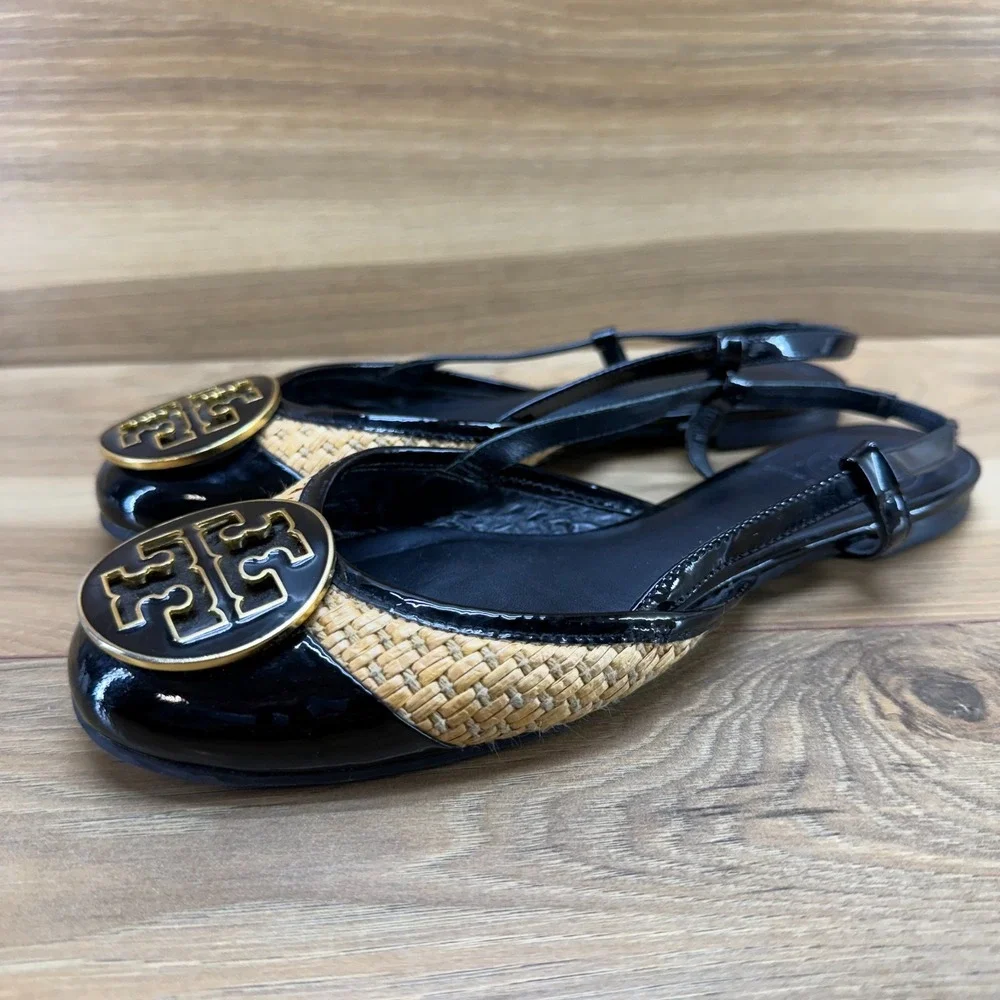 Tory Burch Jolie Woven Raffia Reva Flats Womens 6.5 Black Gold Slingback